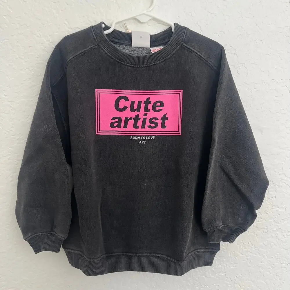 Zara Kids Washed Charcoal Black 'Cute Artist' Sweatshirt Size 4Y NWT